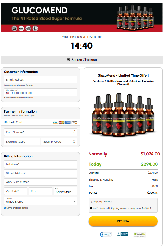 GlucoMend secure checkout page